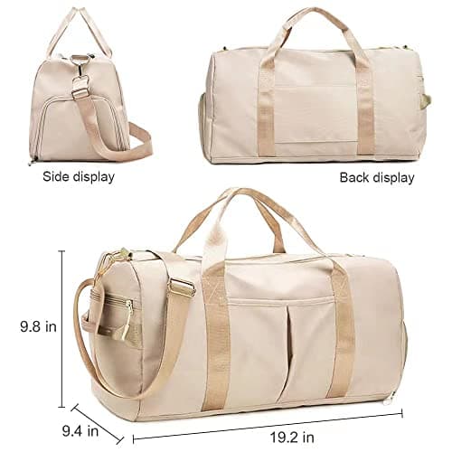 Gym Bag for Women and Men, Travel Duffel Bag for Sports and Weekend Getaway, Waterproof Dufflebag with Shoe and Wet Clothes Compartments, Beige — view 4