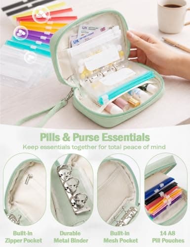 Waterproof Pill Organiser Set with 14 Pouches for Travel, 7 or 14 Day Medicine Case, Waterproof PU Leather Holder with Large, Colour-Coded Resealable Bags for Holidays & Daily Use, Green — view 2