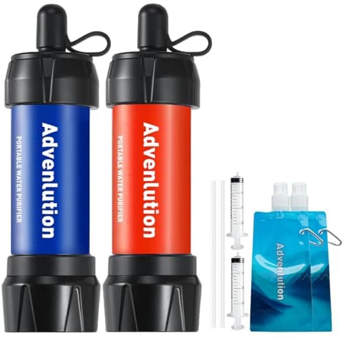 Advenlution 2-Pack Water Filter Straw 0.01 Micron – Personal Survival Water Filtration for Camping Hiking Backpacking Travel Emergency, with Pouch, Straw & Plunger, Fits Standard UK Bottles