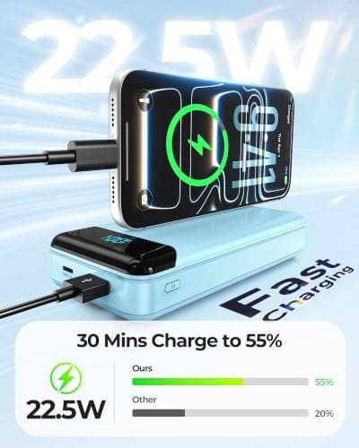 Power Bank 27000mAh,QC4.0 22.5W Fast Charging Portable Charger with Built-in 3 Cables, 4 Outputs & 3 Inputs Powerbank with LED Display for iPhone, Tablets and More Blue — view 3