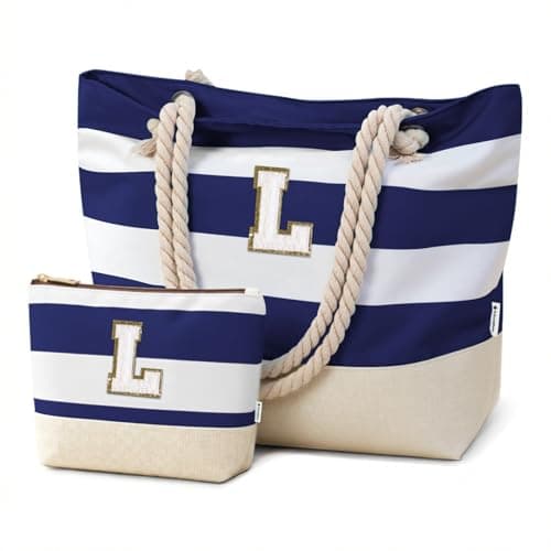 Vavabox Initial Beach Bag with Zip&Pockets, Personalised Gifts for Women(L)