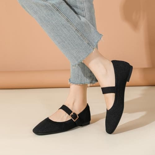 Deehuion Mary Jane for Women Square Toe Knit Ballet Flats Ankle Strap Shoes — view 6