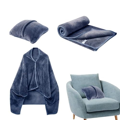 Travel Blanket and Pillow, Premium Soft 2-in-1 Folding Travel Blanket, Multifunctional Shawlable Flannel Poncho Blanket, Car Blanket for Women, Men (Navy) — view 6