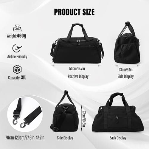 Viiotu Gym Bag with Shoe Compartment for Men Women, Water Resistant Oxford Fabric Duffle Bag with Wet Dry Pocket, Lightweight Sports Bag Travel Bag with Adjustable Strap for Fitness Weekend (Black) — view 2