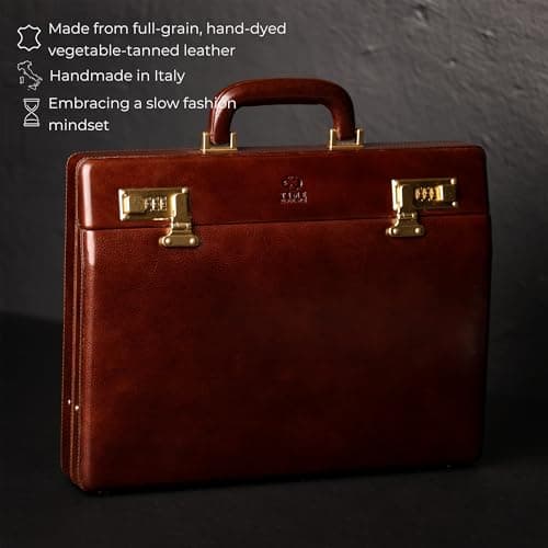 Time Resistance Leather Attache Case - Full Grain Italian Leather Briefcase - Laptop Bag up to 15” - Hard Case with Lock — view 4