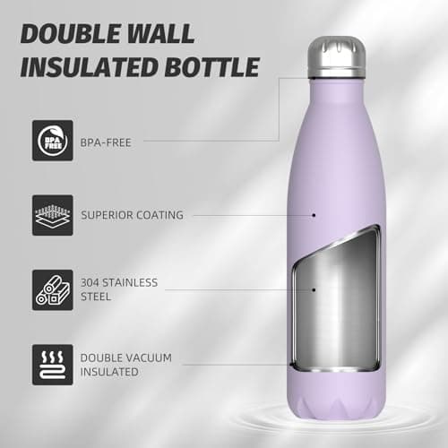 WATERSY Stainless Steel Insulated Water Bottle, Double Walled Metal Vacuum Flask Keep 24 Hrs Cold & 12 Hrs Hot Thermal Metal Sports Bottles 500ml BPA Free for Outdoor, Work, Gym, School (Lilac) — view 3