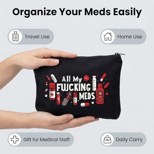 CutitiUU Medicine Travel Toiletry Bag for Women Men,Canvas Cosmetic Bag, Zipper Canvas Bag, Pen Case,Funny Medicine Organiser Pouch Travel Medical Kit,Med Organiser Pouch with Zipper (Black) — view 3