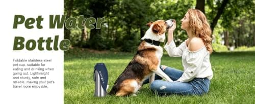 NKNova Stainless Steel Pet Water Bottle 800ml, Foldable Bowl, BPA Free, Leak Proof, Portable Dog Water Bottle for Walking, Hiking and Travel (black) — view 2