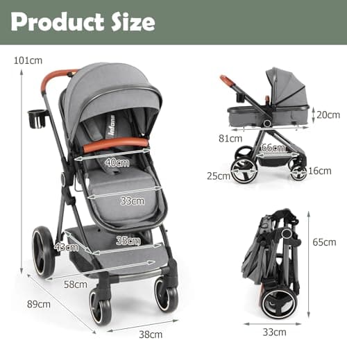 COSTWAY Baby Pushchair, Foldable Travel System Pram with Reversible Seat, Adjustable Canopy & Backrest, Storage Basket, Cup Holder, Aluminum Structure Stroller for 0-36 Months (Grey) — view 6