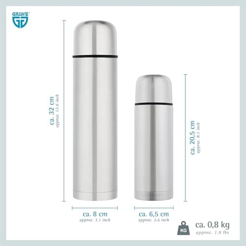 GRÄWE Thermal Flask Set, 2 Pieces, Stainless Steel Drinking Bottle, Outdoor Thermos Flask, Insulated Flask for Travel, Cup and Screw Cap, Leak-Proof for Tea and Coffee, Dishwasher Safe, Silver — view 3