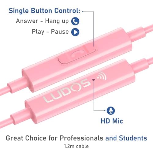 Ludos OMNITONE Wired Earbuds in-Ear Headphones, Earphones with Microphone, 5 Years Warranty, Noise Isolation Corded for 3.5mm Jack Ear Buds for iPhone, iPad, Samsung, Laptop, Gaming, Sports - Pink — view 3