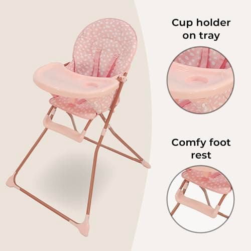 My Babiie MBHC1 Compact Highchair – Ultra Lightweight (5kg), Foldable, Easy Clean, Padded Seat, Footrest, Tray Cup Holder, for Toddler, from 6 Months to 3 Years (15kg) – Pink Dalmation — view 4