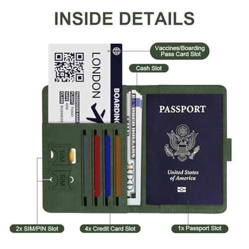 OFFCUP Passport Holder Cover, PU Leather Passport Cover and Luggage Tag Set with RFID Blocking Travel Wallet, Universal Travel Wallet Case Organiser for Money, Boarding Passes, Credit Cards Green — view 4