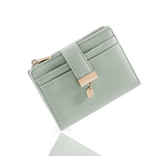 Pomelo Best Women's RFID Wallet - Vegan Leather Bi-fold Small Ladies Purse with Zipper Coin Pocket & ID Window - Leaf Charm Compact Wallet for Women