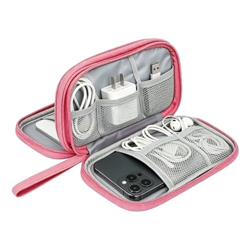Yilnlg Cable Organiser Bag, Double Layer Electronics Accessories Organiser Bag, Travel Accessories Bag Organiser for Cables for Charging Cable Flash Drive SD Card Power Bank USB Pink