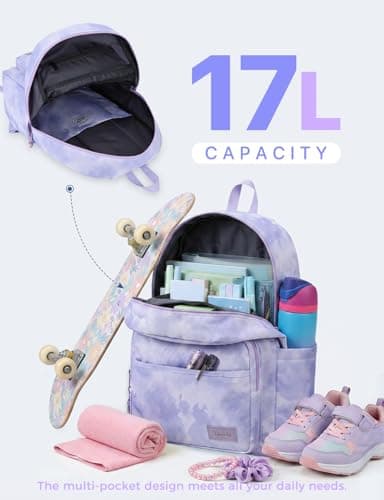 VASCHY School Backpack, 17L Lightweight Bookbag School bag for Boys Girls Casual Basic Simple Daypack for Men Women Lavender Tie-Dye — view 3
