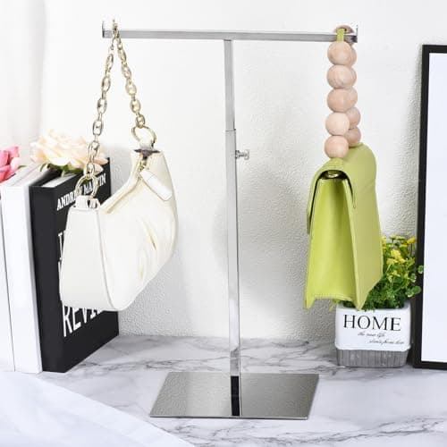 sourcing map Purse Display Stand T Shaped Metal 2 Pack Adjustable Handbag Rack Double Hook Holder Necklace Organizer for Home Boutique Store - Gold — view 6