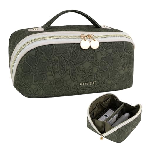 Prite Travel Makeup Bag Flat Lay Cosmetic Case with Brush Pocket, Green, M