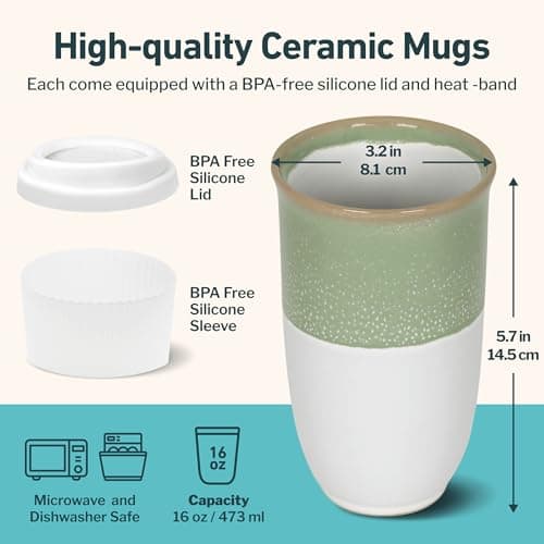 NOVA CERAMICS Travel Mug On The Go Coffee Tumbler Microwave & Dishwasher Safe Green Tumbler - Gifts for Women Men Him Her 475ml Sage — view 3