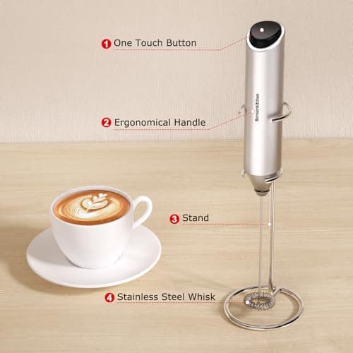 Bonsenkitchen Milk Frother Hanheld with Stand, Battery Operated, Silver — view 4