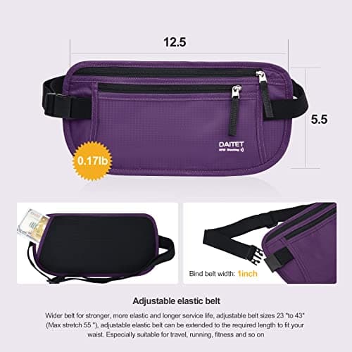 RFID Blocking Money Belt for Men Women, Slim Fanny Pack for Travel，Running,Conceal Waist Wallet for Passport Holder,Phone,Cash(Dark Purple) — view 5