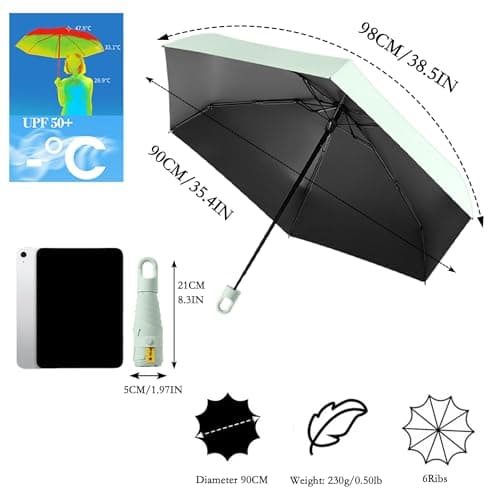 Mini Travel Folding Umbrella With Rotating Open&Close Ring Carabiner Handle for Women Kids - Micro Portable Umbrella Fits Pocket&Handbag,Small Compact,UV Protection,Anti Sun,Teflon,6 Ribs,Rain — view 2