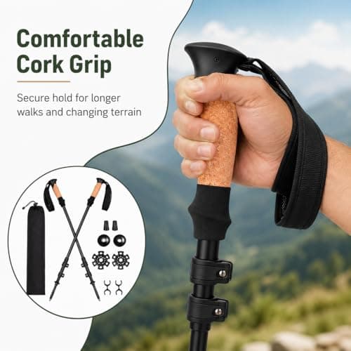 Trekking Poles, Pair of Lightweight 7075 Aluminium Walking Poles, Adjustable 62–137cm Hiking Sticks with Cork Handles, Collapsible Walking Poles for Men, Women, Seniors, Hiking, Camping & Travel — view 5