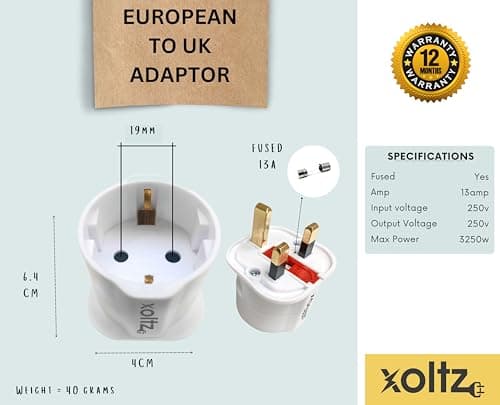 Xoltz European to UK Plug Adaptor Single Pack EU Euro Europe Schuko Travel Adapter to UK Socket Converter From Spain Italy Germany 13A Type C E F x 1 — view 5
