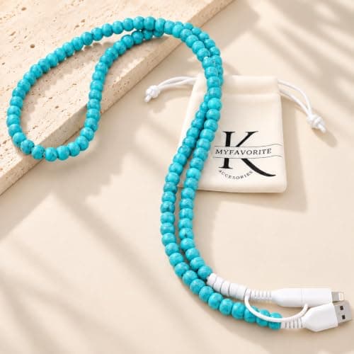 MyfavoriteK Stylish Beaded Phone Charger Cable Metallic Colors USB Cable 2 in1 USB-C and iPhone-Compatible Charging Cord 3.3ft Cord for Smartphones (Turquoise) — view 6
