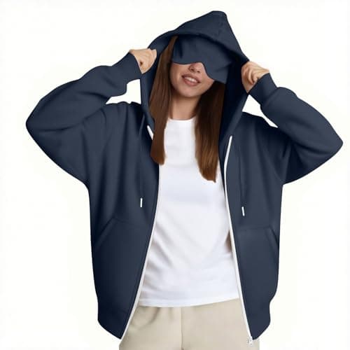 Ewleguzka Travel Hoodie with Eye Mask Women Full Zip Oversized Jacket Fleece Lined 3 Pockets Sweatshirt Jumpers Navy — view 5