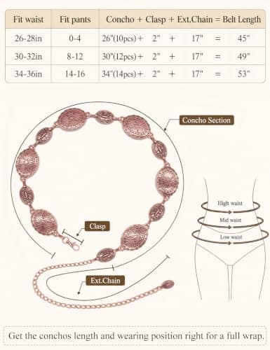 TOPACC Western Metal Concho Belt for Women Cowgirl Chain Belts for Dresses Jeans Country Concert Outfit, C Rose Gold, Fit waist: 30-32 in — view 6