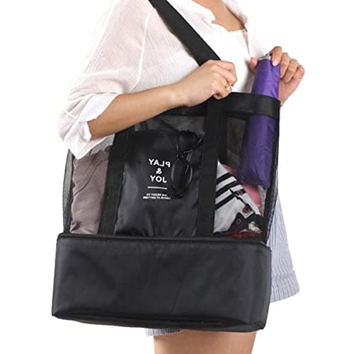 LEEZAD Mesh Tote Bag, Double Layer Nylon Insulated Beach Tote with Cooler Layer, Multi Functional Pockets Large Capacity Beach Tote for Family Travel Vaca