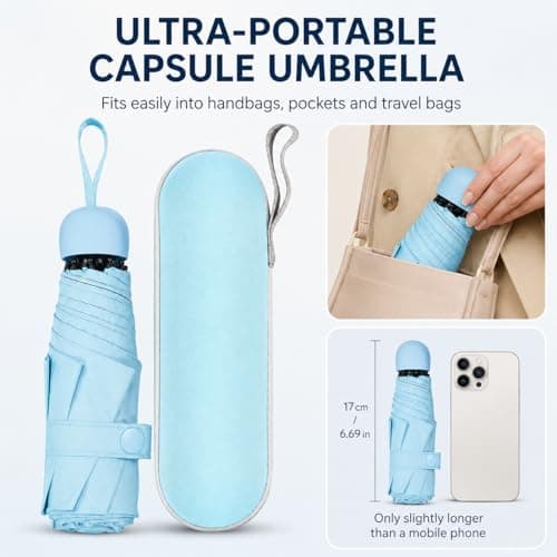 Mini Folding Umbrella with Case, Pocket Sized Lightweight Portable Umbrella, Light Compact Rain Umbrella for Travel Outdoor Daily Use, Small Sun Rain Pocket Umbrella for Girls and Women men (Blue) — view 2