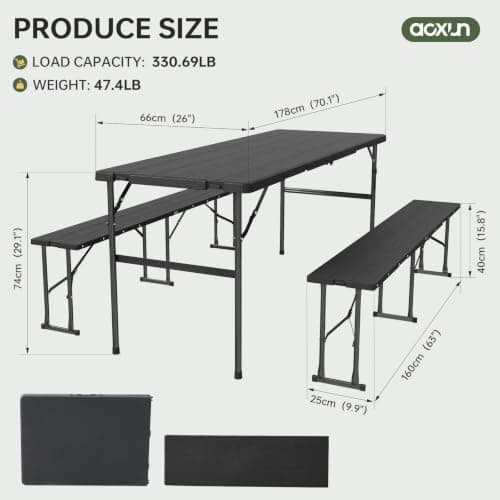 Aoxun Foldable Camping Table & Folding Picnic Table Set–Portable Fold Up Table with 2 Benches,Metal Frame,178x66x74cm Table & 160x25x40cm Benches,Ideal for Outdoor Garden Camping(Black) — view 3