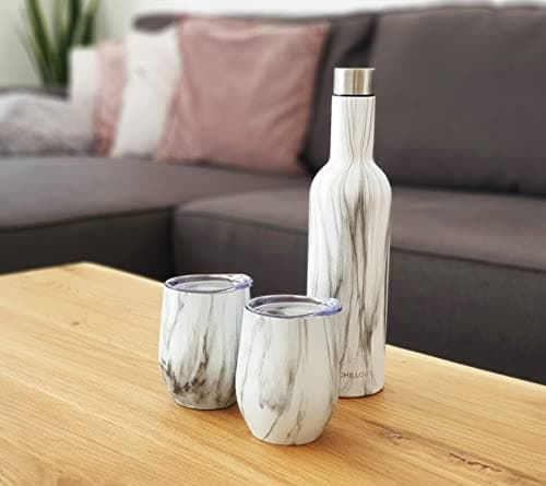 CHILLOUT LIFE Stainless Steel Wine Tumblers 2 Pack 12 oz & 1 Insulated Wine Bottle - Double Wall Vacuum Insulated Wine Cups with Lids and Straws Set - Carrara Marble — view 5