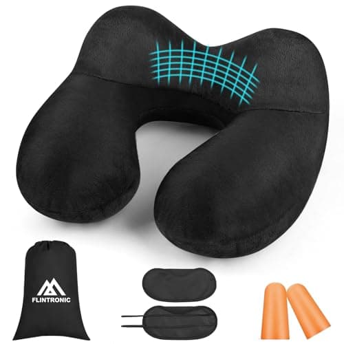 flintronic Inflatable Travel Pillow, Inflatable Travel Pillow for Airplane, Soft Velvet Neck Support, Lightweight Ergonomic Sleeping Neck Pillow for Airplane, Car, Train, Office, Camping (Black)