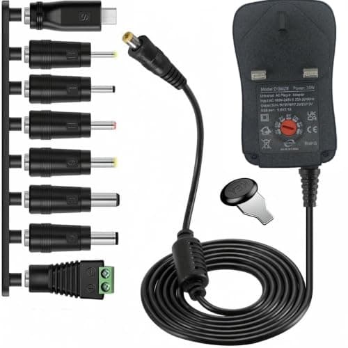 Multibao 30W Universal AC/DC Power Adapter, Adjustable 3V 4.5V 5V 6V 7.5V 9V 12V- 2000mA Max, with 8 Interchangeable Tips + 5V/2.1A USB Port | UKCA CE RoHS Certified