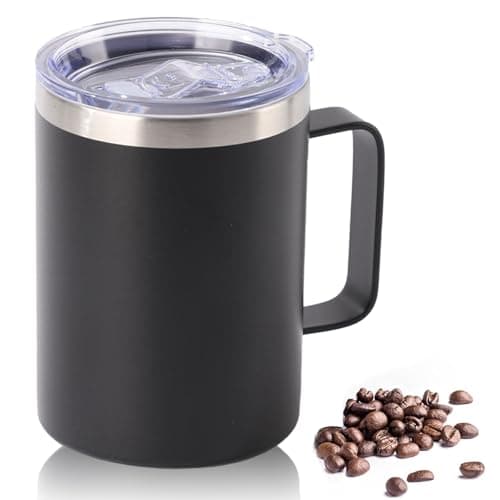 YueXing 16oz Black Insulated Coffee Mug with Handle, Leakproof Double Wall Stainless Steel Travel Mug with Sliding & Straw Lid, Dishwasher Safe for Camping Commuting Hot Cold Drinks (Black)