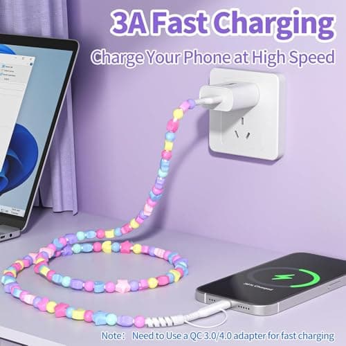 Coolden USB C Charger Cable for iPhone Charger Cable Multi Charger Cables 4 in 1 60W 1M Type C Charger Fast Charging Cute Stars Beaded Girls Women Phone Charger Cables for iPhone, Samsung-Colorful — view 6