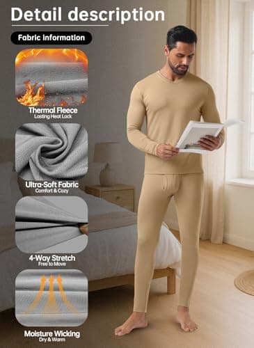 QIXING Mens Thermal Underwear Set Fleece Lined Long Johns Warm Base Layer Set for Winter Ski Football Work (Light Camel, L) — view 4