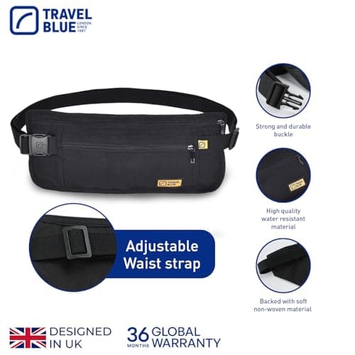 Travel Blue Ultra Slim Money Belt - Bum Bag & Passport Holder Travel Wallet for Men & Women, Conceal Cash, Credit Cards, Documents, Lightweight & Breathable with Adjustable Strap, 100% Polyester — view 2