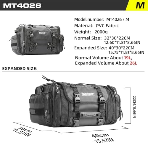 Rhinowalk Motorcycle Tail Bag Expandable 19-26L Motor Travel Luggage Motorbike Rear Rack Trunk Storage Bag with Waterproof Rain Cover Motorcycle Accessories,Black — view 6