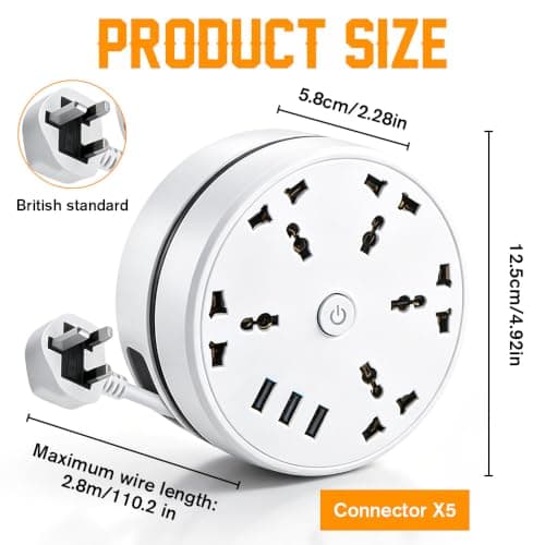 BIZOI Extension Lead With USB Slots, 5-Outlet Surge Protector Power Strip with 3 USB Ports, 2.8m Safer Plug Extension Socket, 2500W 10a Muti Power Strip, Rollable Retractable Travel Extension Lead — view 2
