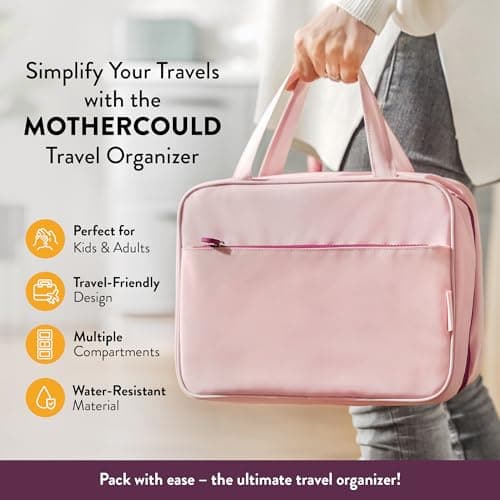 Kids Travel Organizer – Multi-Compartment, Water-Resistant Hanging Bag for Toys, Snacks, & Activities - Compact, Lightweight Design with Hook & Carry Handle - Perfect for Travel Use (Pink, Large) — view 2