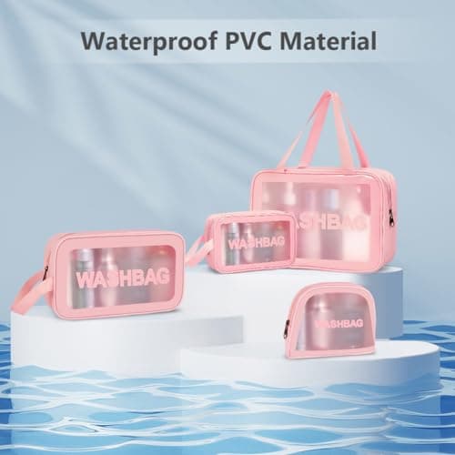 Aucuu 4PCS Clear Toiletry Bag, Wash Bag, Clear PU Makeup Bag, Waterproof Toiletry Travel Bag with Zipper Handle, Portable Airport Cosmetic Bag for Travel Bathroom Men Women (Pink) — view 6