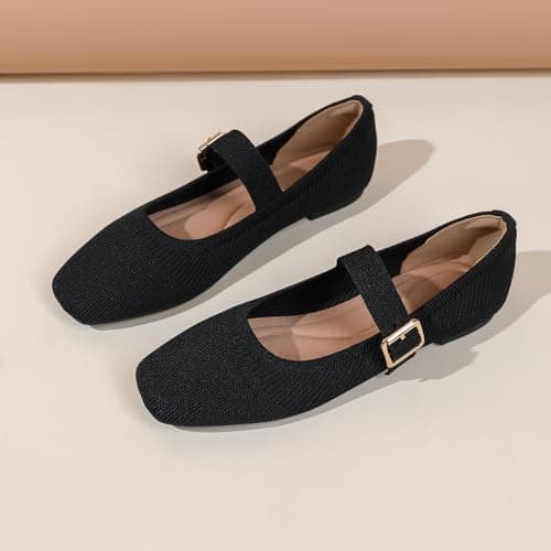 Deehuion Mary Jane for Women Square Toe Knit Ballet Flats Ankle Strap Shoes — view 4