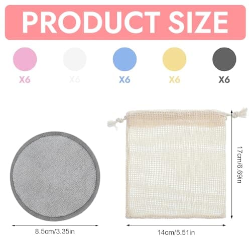 30pcs Reusable Makeup Remover Pads, 5 Colors Washable Bamboo Face Pads for All Skin Types, Soft Cleansing Rounds with Cotton Laundry Bag for Skin Care, Eco-Friendly Makeup Remover Cloths (Multicolor) — view 2