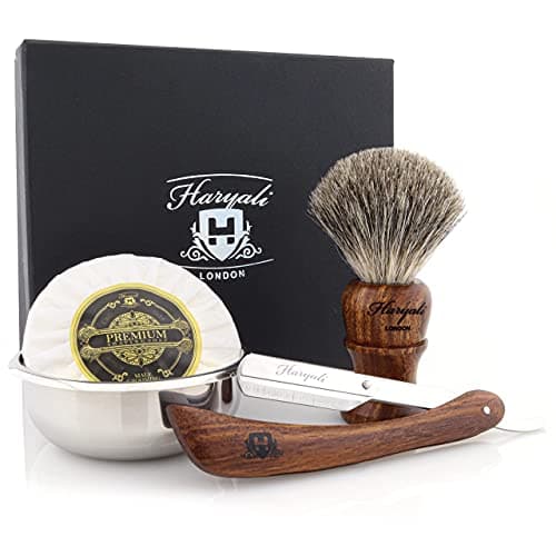 4pcs Wooden Shaving Set for Men – Classic Wet Shave Kit with Cut Throat Razor, Black Badger Hair Shaving Brush, Shaving Soap & Stainless Steel Shaving Bowl –Mens Grooming Set for Beard Care