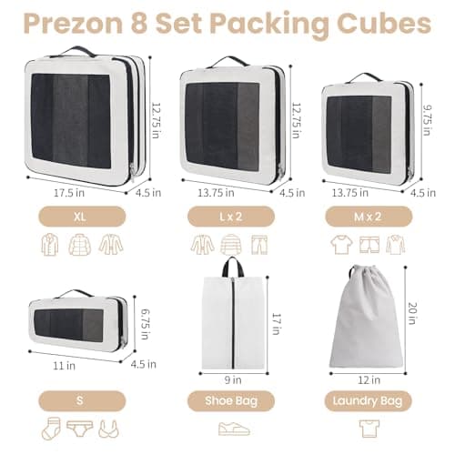 Prezon 8 Set Compression Packing Cubes for Suitcases, Full Open & Visible Design, Luggage Organizer Bags Set for Carry on, Travel Essentials Travel Gifts for Women with Laundry Bag and Shoe bag — view 3