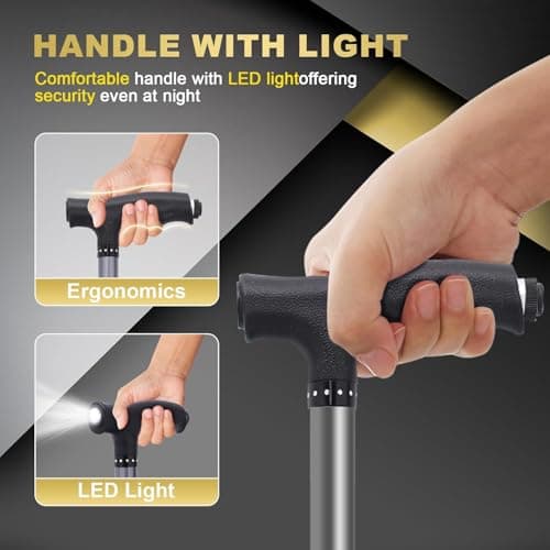 Walking Stick with Light & Seat- Adjustable Folding Walking Sticks for Women and Men - Lightweight Portable Collapsible Balancing Walking Aid - Travel Walking Cane for Ladies Elderly Adults (Black) — view 3